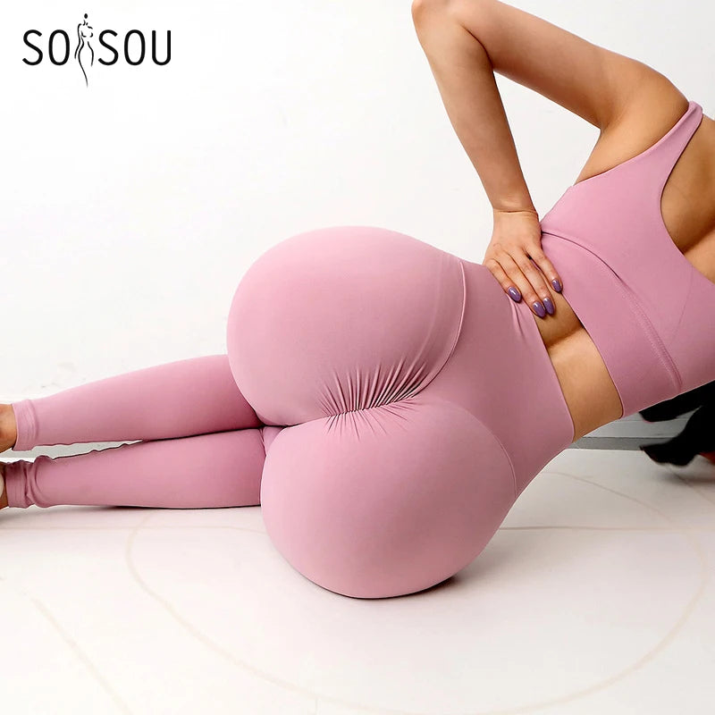 SOISOU Nylon Gym Yoga Pants Women Leggings For Fitness High Waist Long Pants Women Hip Push UP Tights Women Clothing 2 Types - GilloServ