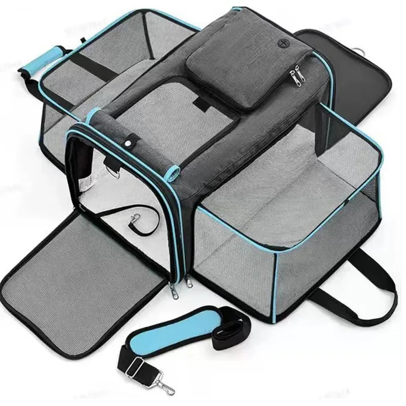 Reversible Expandable Cat and Dog Carrier - with fleece pad and pockets Travel Pet Carrier Portable outdoor carrying cat bag - GilloServ