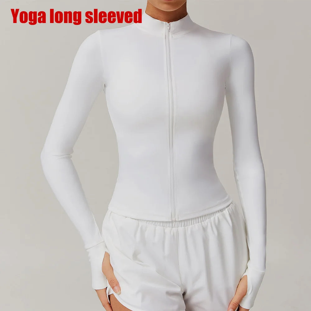 Women Zipper Jacket Yoga T-shirts Solid Sports Top// Long Sleeve Crop Tops Running Shirts Sexy Quick Dry Fitness Gym Sport Wear - GilloServ