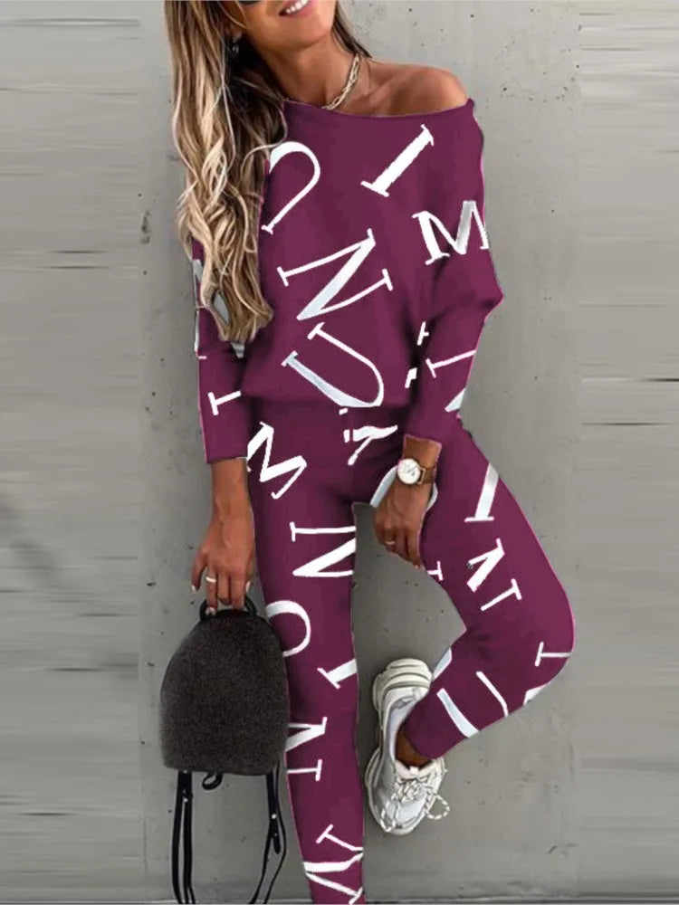 2-piece Set Of Women's Fashion Letter Print Sexy Off-shoulder Leggings Trousers Autumn New Casual Comfortable Sportswear - GilloServ