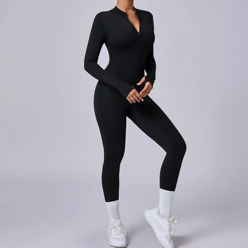 Seamless Yoga Jumpsuits Sports Fitness Hip-lifting Skinny Long-sleeved Zipper Winter Workout Gym Leggings Sportswear for Women - GilloServ