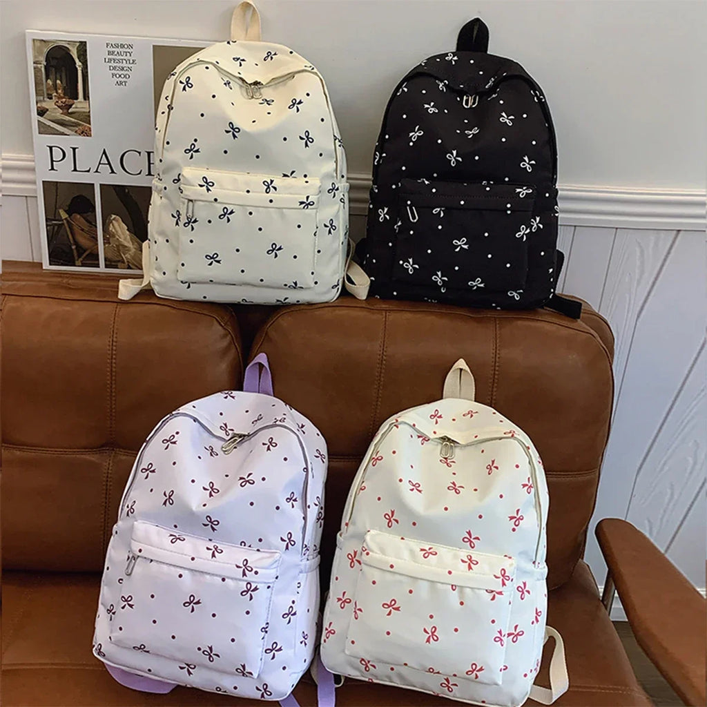 For Women Campus Life Back To School Backpack Playful Bow Print Bookbag Quilted Comfort Multi Pocket Organization System - GilloServ