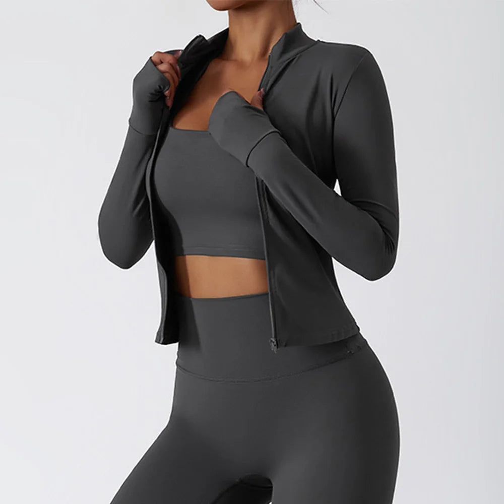 Women Zipper Jacket Yoga T-shirts Solid Sports Top// Long Sleeve Crop Tops Running Shirts Sexy Quick Dry Fitness Gym Sport Wear - GilloServ