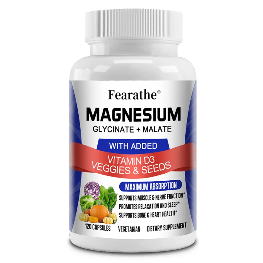 Magnesium Glycinate & Malate Complex, Vitamin D3, Max Absorption - for Bone Heart Sleep Nerve Muscle 120 Veggie Capsules - GilloServ