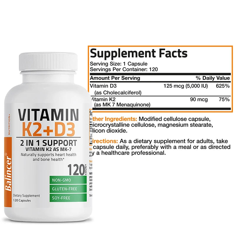 Vitamin D3K2 Capsules 5,000IU - Support Teeth Bone Heart Health Joint Health,Dietary Supplement,Non-GMO - GilloServ