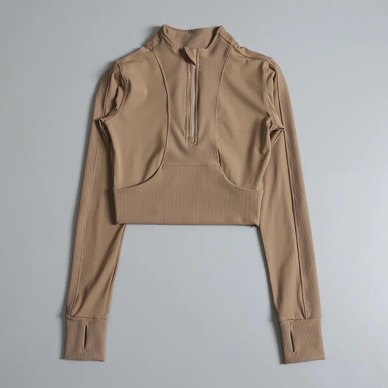 Women Cropped Sports Jacket Half Zipper High Collar Tight Yoga Activewear - GilloServ