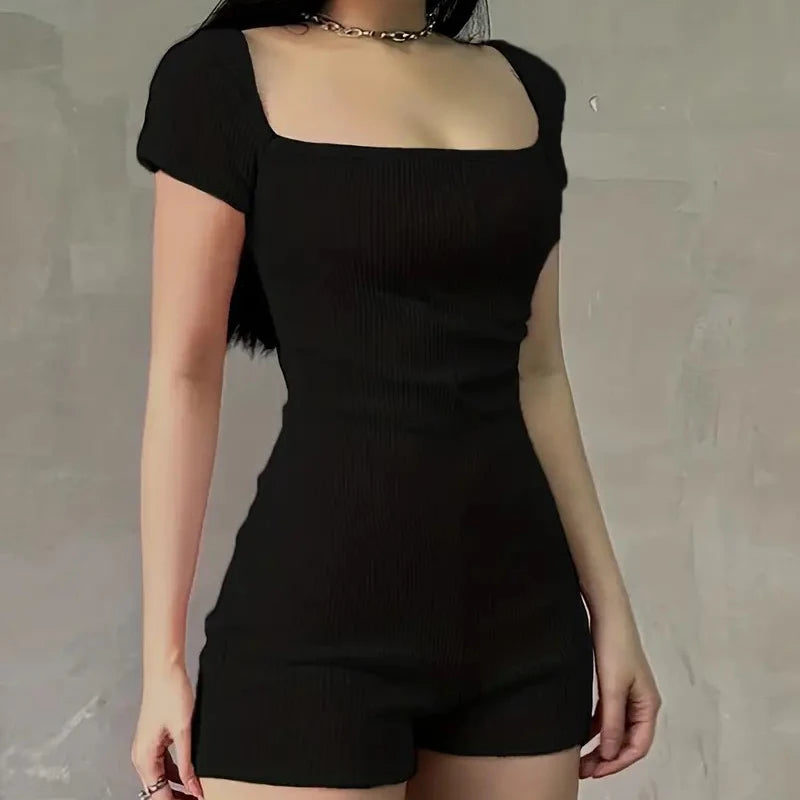 Summer New Black Short Sleeve Rompers Women Square Collar Fashion - GilloServ