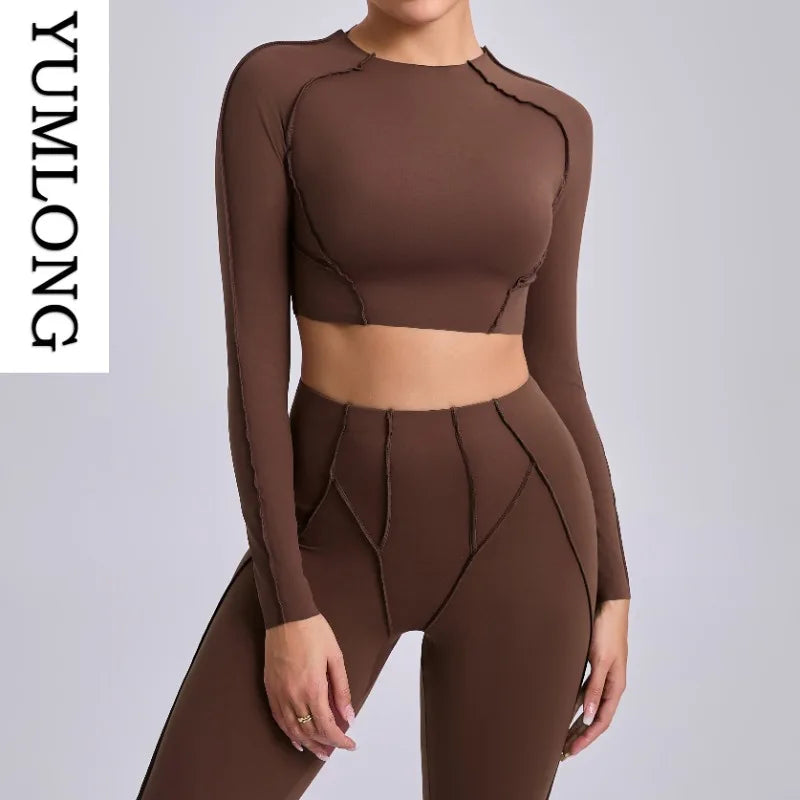 Women Yoga Shirts Non-Padded Long Sleeve Crop Tops Sportswear - GilloServ