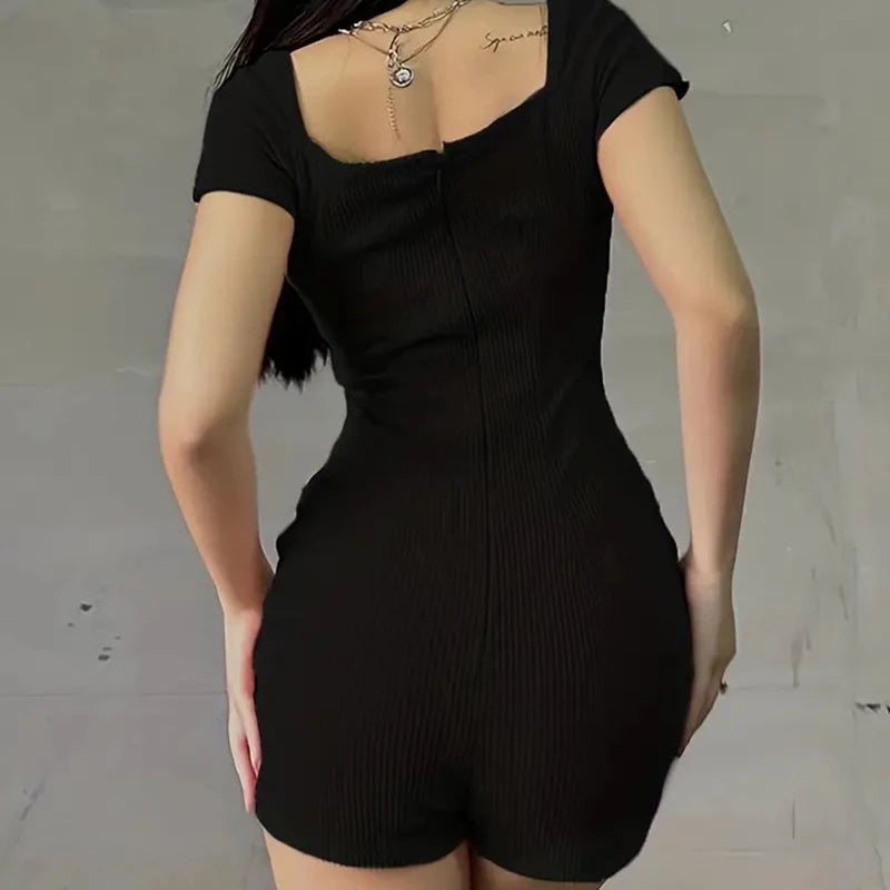 Summer New Black Short Sleeve Rompers Women Square Collar Fashion - GilloServ