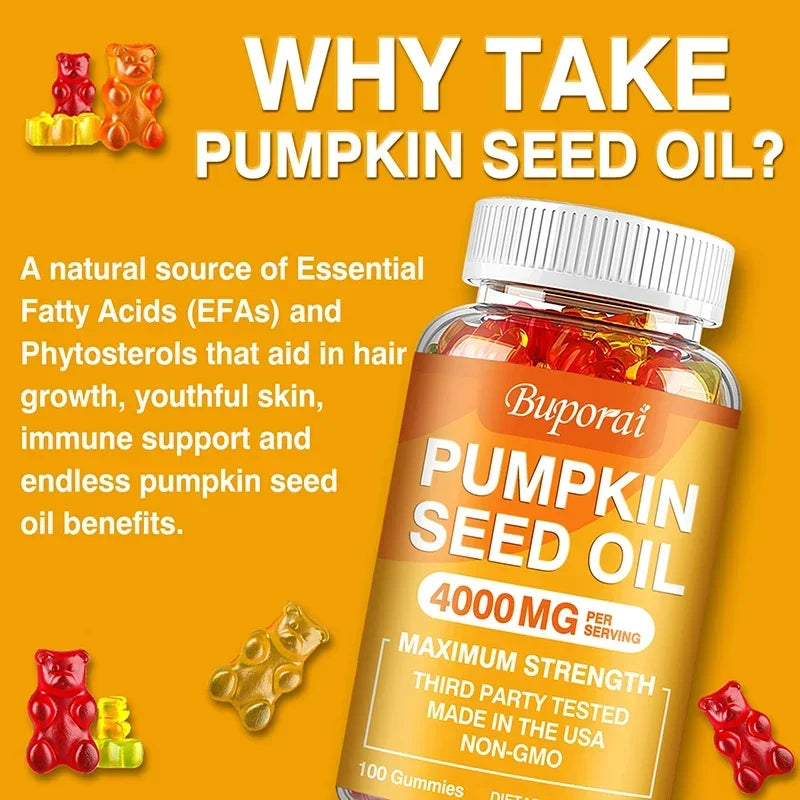 Pumpkin Seed Oil Gummies - Supports Prostate Health and Hair Growth, Enhances Brain Function, Relieves Fatigue - GilloServ