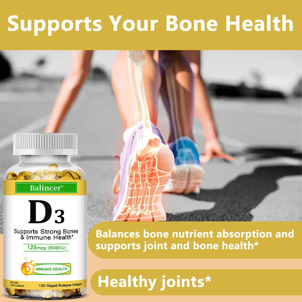 Balincer Vitamin D3 5000 IU (125 Mcg), Dietary Supplement for Bone, Teeth, Muscle and Immune Health Support, 30/60/120 Softgels - GilloServ