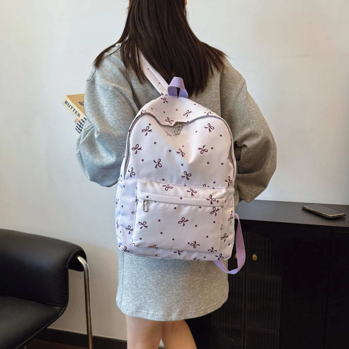 Back To School Backpack Playful Bow Print Bookbag Quilted Comfort and Multi-Pocket Organization System for Women's Campus Life - GilloServ