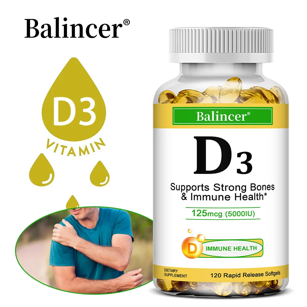 Balincer Vitamin D3 5000 IU (125 Mcg), Dietary Supplement for Bone, Teeth, Muscle and Immune Health Support, 30/60/120 Softgels - GilloServ