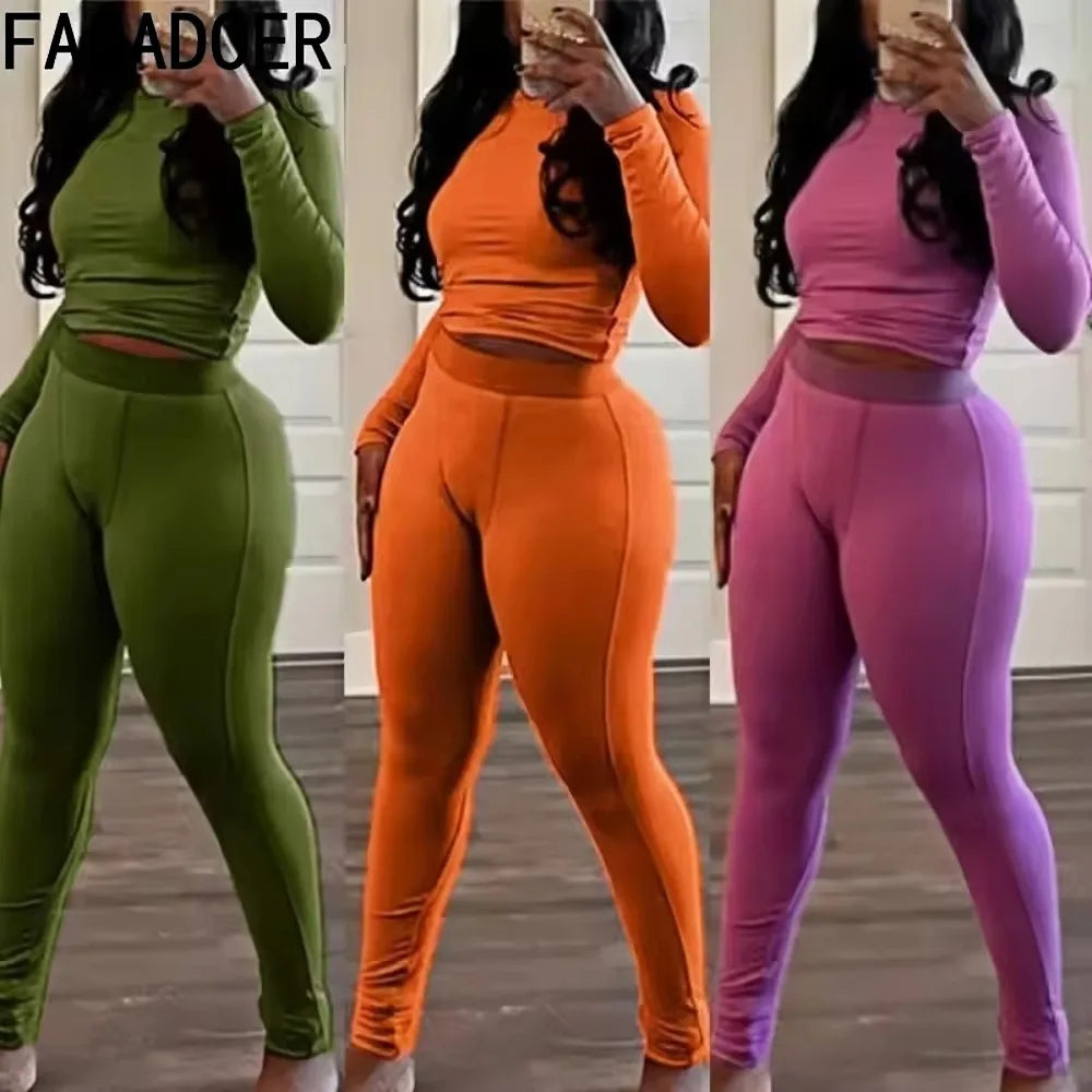 New Ribbing 2 Piece Sets Women Outfit Solid Long Sleeve Crop Top + High Waist Leggings Suits Sportswear - GilloServ
