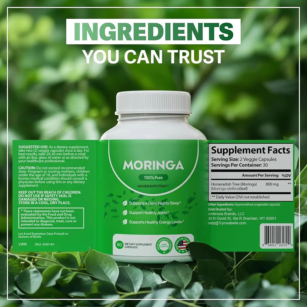 Moringa Capsules Supplement Support Sleep Well, Energy, Joints, Immune & Gut Health, Rich in Antioxidants, Vitamins & Amino Acid - GilloServ