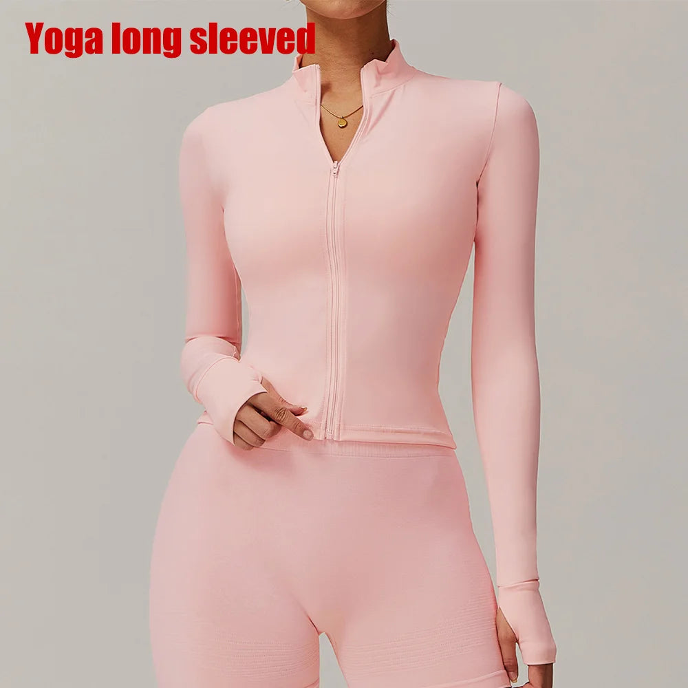 Women Zipper Jacket Yoga T-shirts Solid Sports Top// Long Sleeve Crop Tops Running Shirts Sexy Quick Dry Fitness Gym Sport Wear - GilloServ