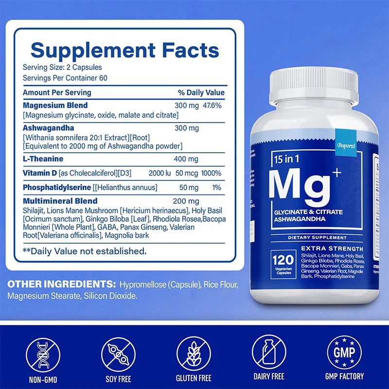 Magnesium + Ashwagandha Supplement - with Magnesium Citrate, Reduce Stress,Promote Adrenal Health, for Sleep,Heart & Bone Health - GilloServ