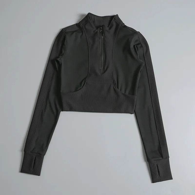 Women Cropped Sports Jacket Half Zipper High Collar Tight Yoga Activewear - GilloServ