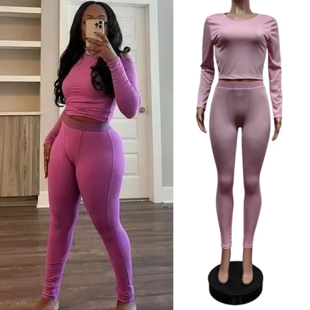 New Ribbing 2 Piece Sets Women Outfit Solid Long Sleeve Crop Top + High Waist Leggings Suits Sportswear - GilloServ