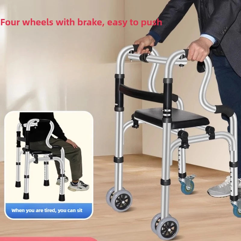 ‌Elderly Walker with Seat, 4-Wheel Mobility Rollator, Adjustable Walking Aid Cane - GilloServ