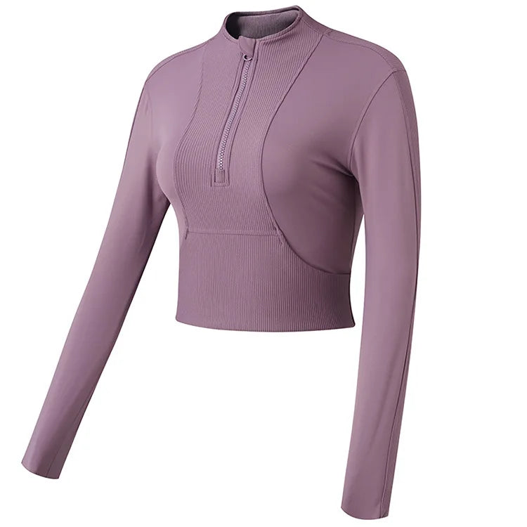 Women Cropped Sports Jacket Half Zipper High Collar Tight Yoga Activewear - GilloServ