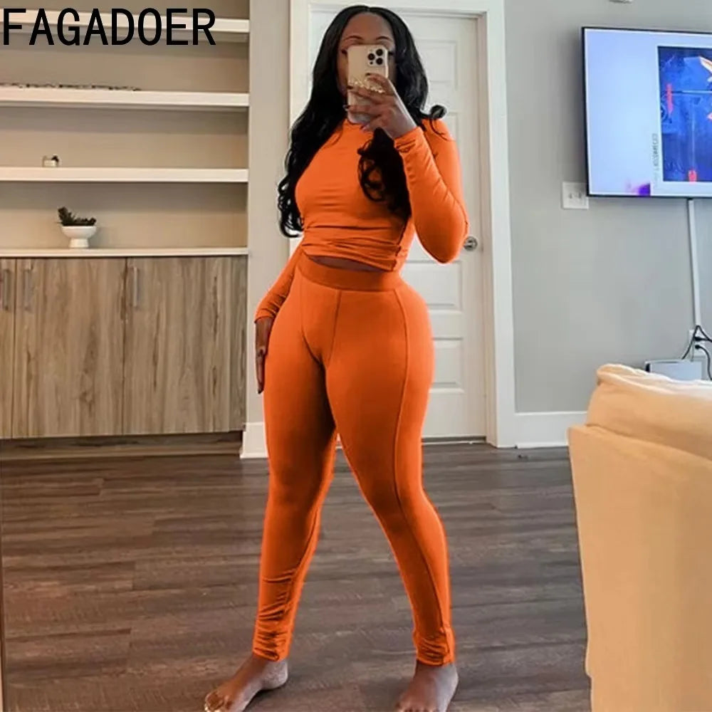 New Ribbing 2 Piece Sets Women Outfit Solid Long Sleeve Crop Top + High Waist Leggings Suits Sportswear - GilloServ