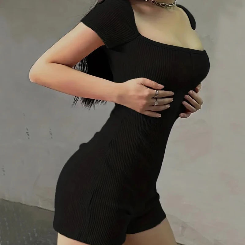 Summer New Black Short Sleeve Rompers Women Square Collar Fashion - GilloServ