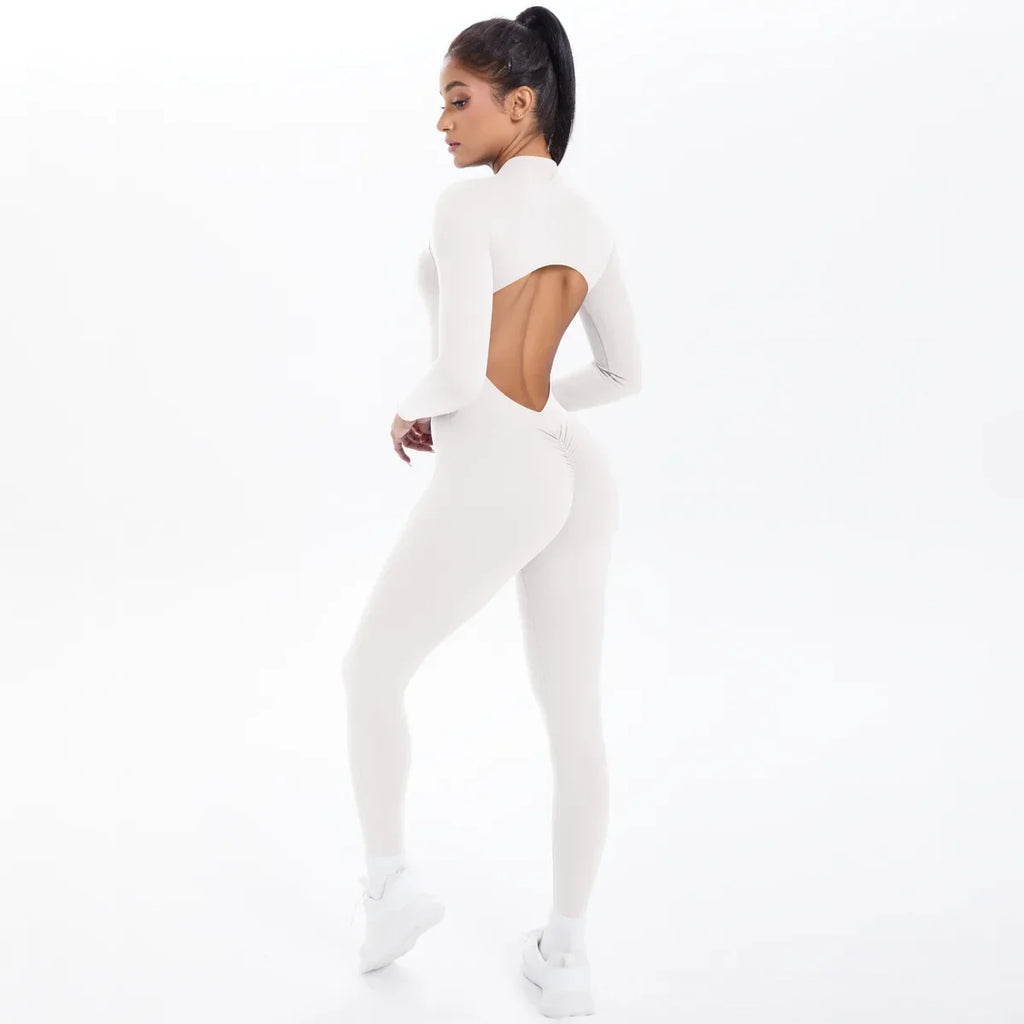 Women's Yoga Bodysuit Half Zip Front Open Back Butt Lift - GilloServ