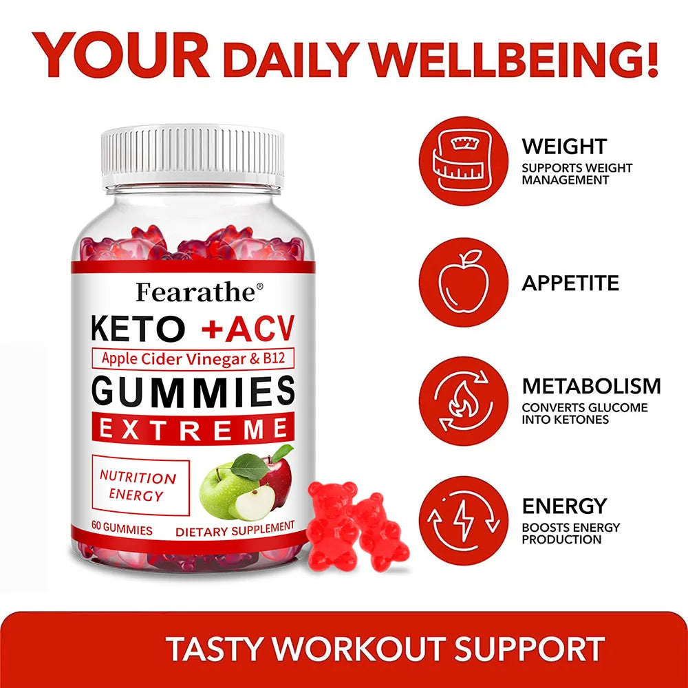 Fearathe Slimming Keto Apple Cider Vinegar Gummies Supplement Weight Loss, Reduces Anxiety & Stress Boost Immune System - GilloServ