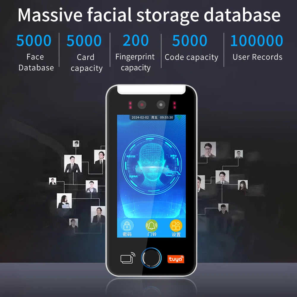 5 inch Touch Screen Server WIFI Tuya Face Recognition Fingerprint Access Control With RFID Reader Face Time Attendance Machine - GilloServ