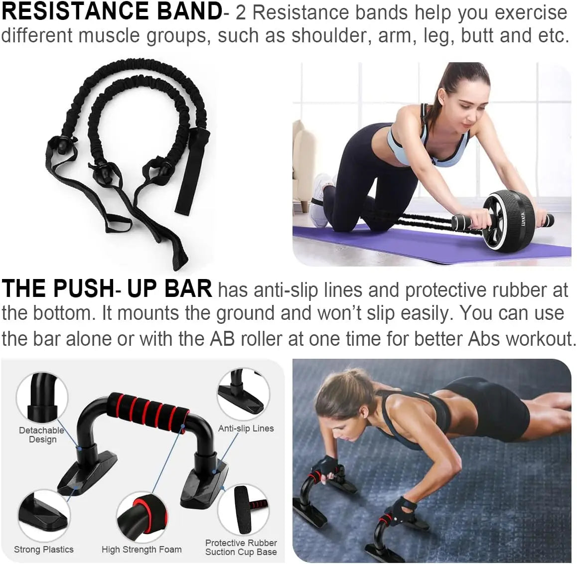 Ab Roller Wheel 10-In-1 Ab Exercise Wheels Kit// With Resistance Bands Knee Mat Jump Rope Push-Up Bar Home Gym Equipment for Men W - GilloServ