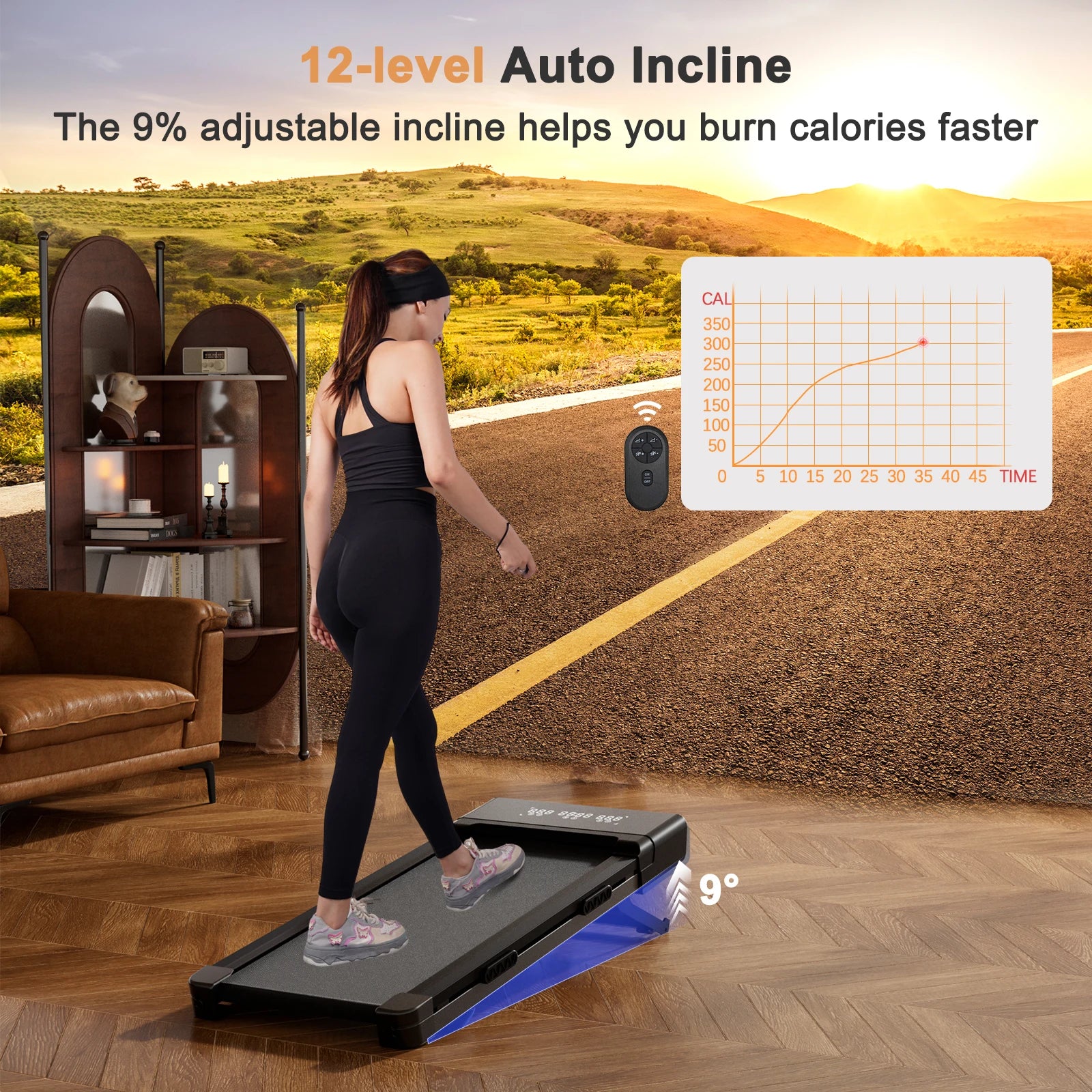 3.0HP Raceable Walking Pad Under Desk Treadmill with 9% Incline Adjustable Speed 1-6KM/H LCD Screen Display 136KG Load For Home - GilloServ