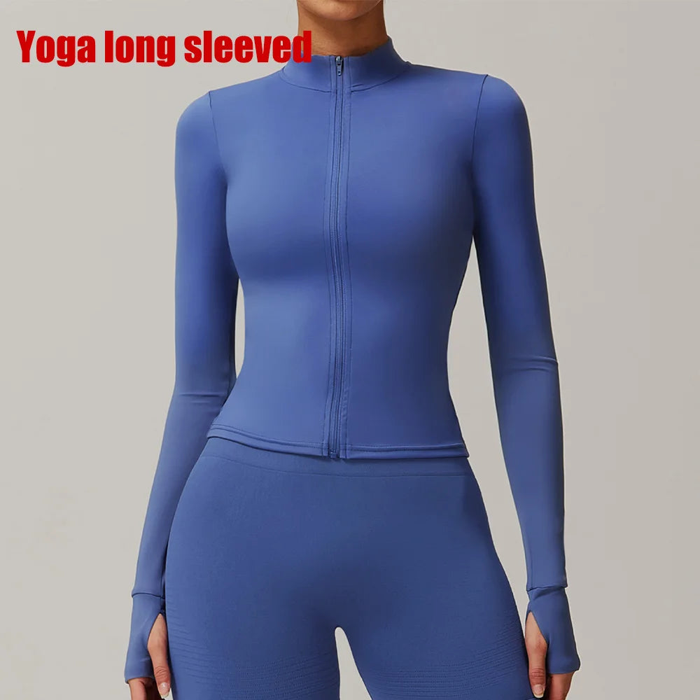 Women Zipper Jacket Yoga T-shirts Solid Sports Top// Long Sleeve Crop Tops Running Shirts Sexy Quick Dry Fitness Gym Sport Wear - GilloServ