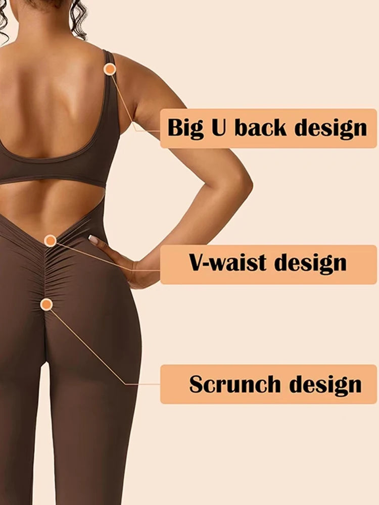 Summer New Women's Slim Hip Lifting Jumpsuit U Neck Sexy Hottie Backless Sleeveless Flared Pants Sports Yoga Wear - GilloServ