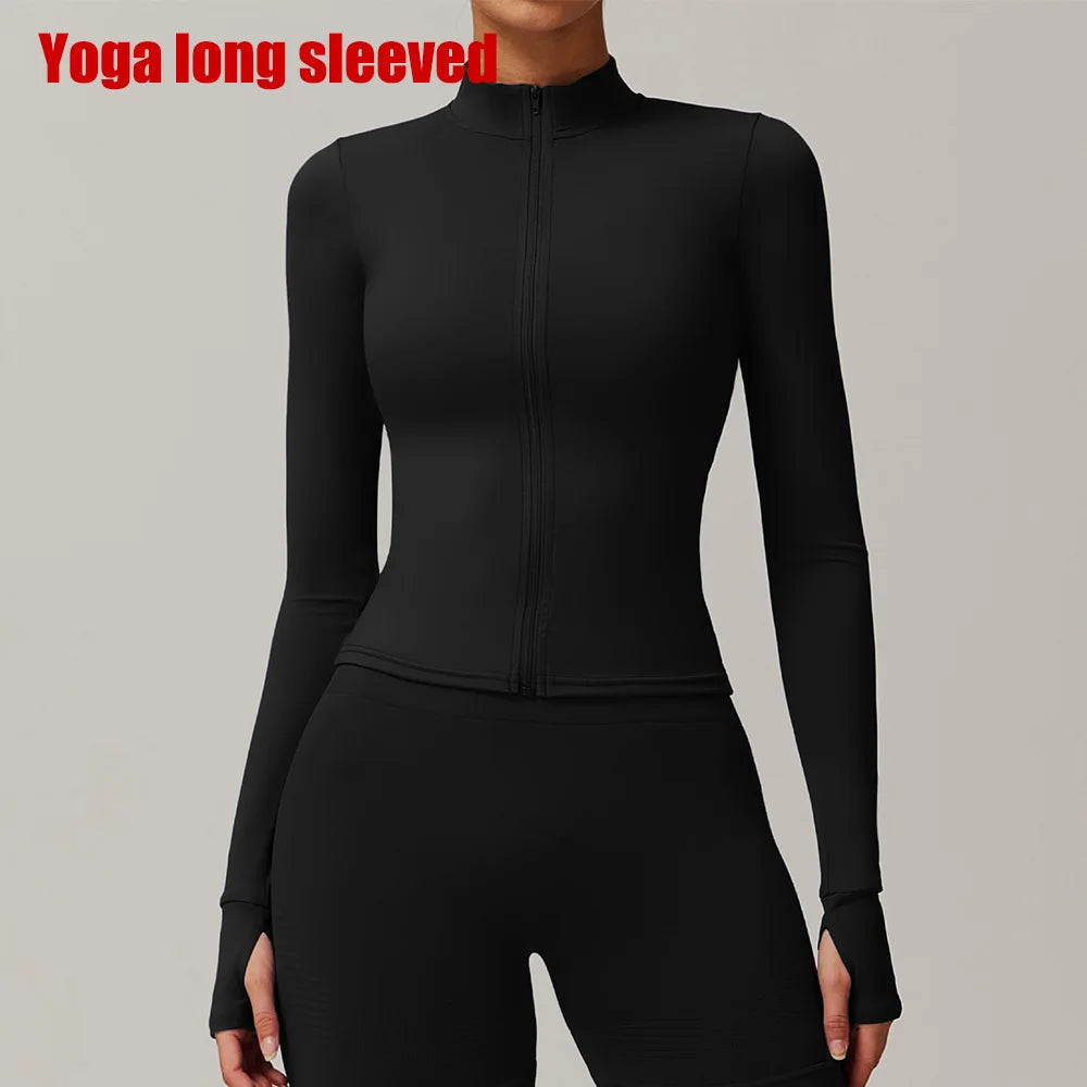 Women Zipper Jacket Yoga T-shirts Solid Sports Top// Long Sleeve Crop Tops Running Shirts Sexy Quick Dry Fitness Gym Sport Wear - GilloServ