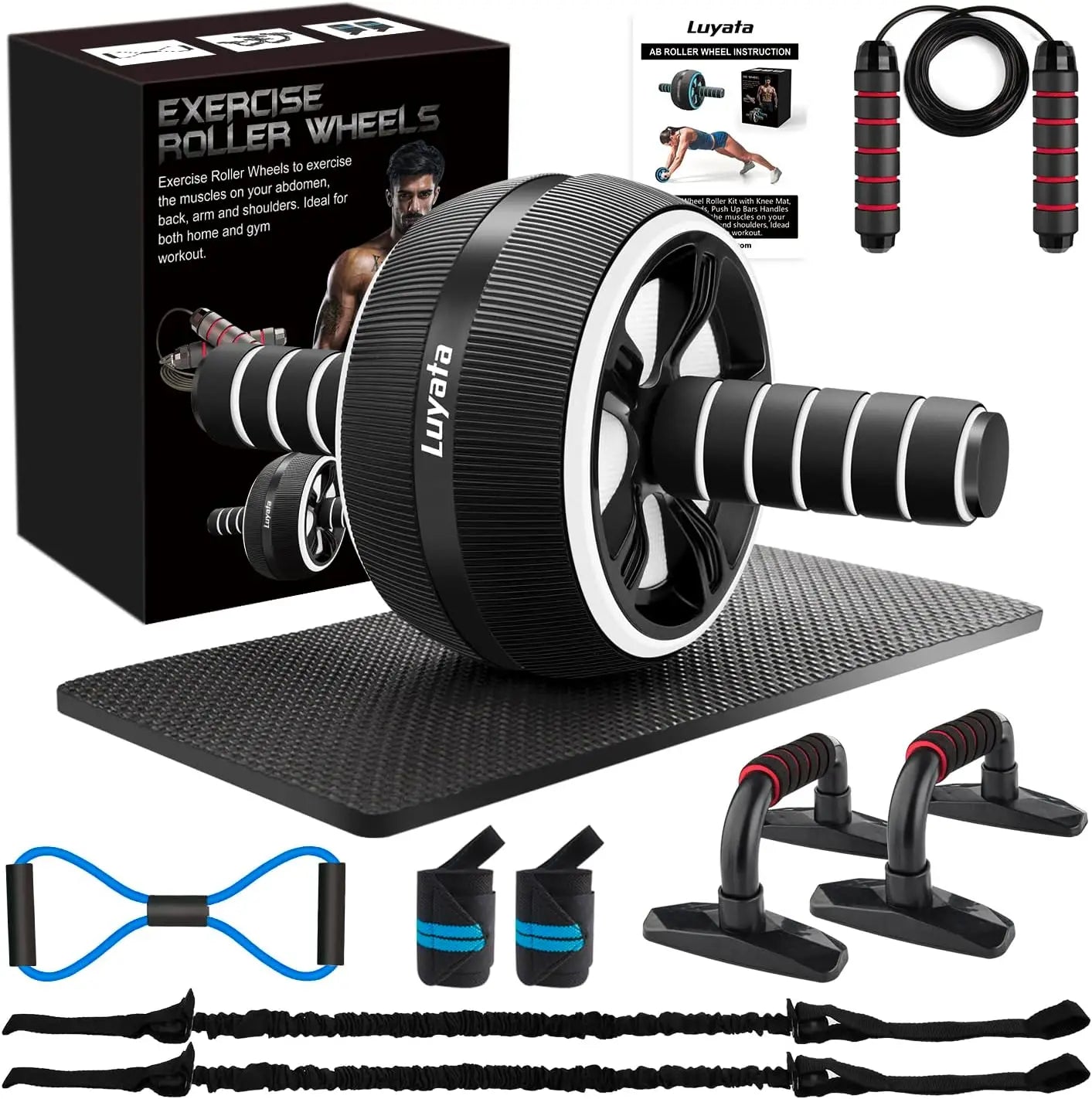 Ab Roller Wheel 10-In-1 Ab Exercise Wheels Kit// With Resistance Bands Knee Mat Jump Rope Push-Up Bar Home Gym Equipment for Men W - GilloServ