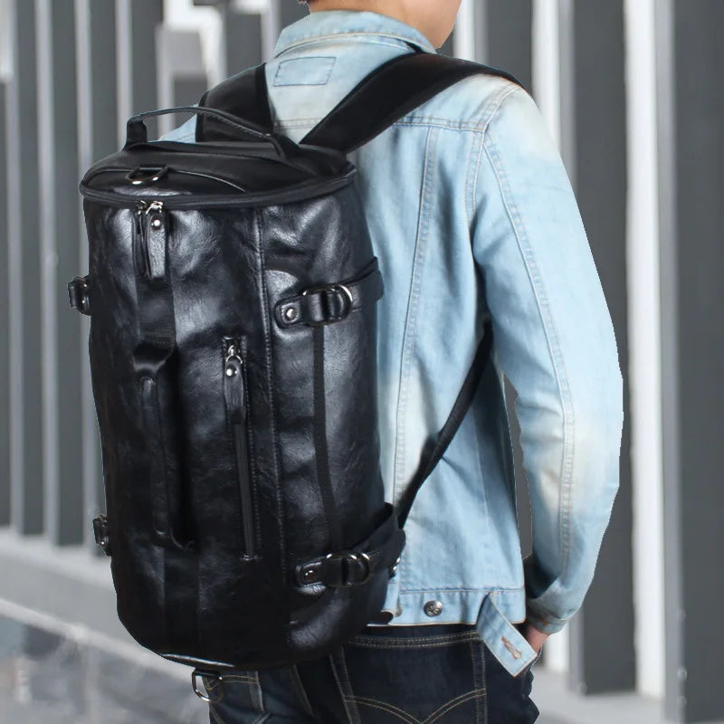 Men Leather Bucket Backpack Multifunctional Travel Bag Large Capacity - GilloServ