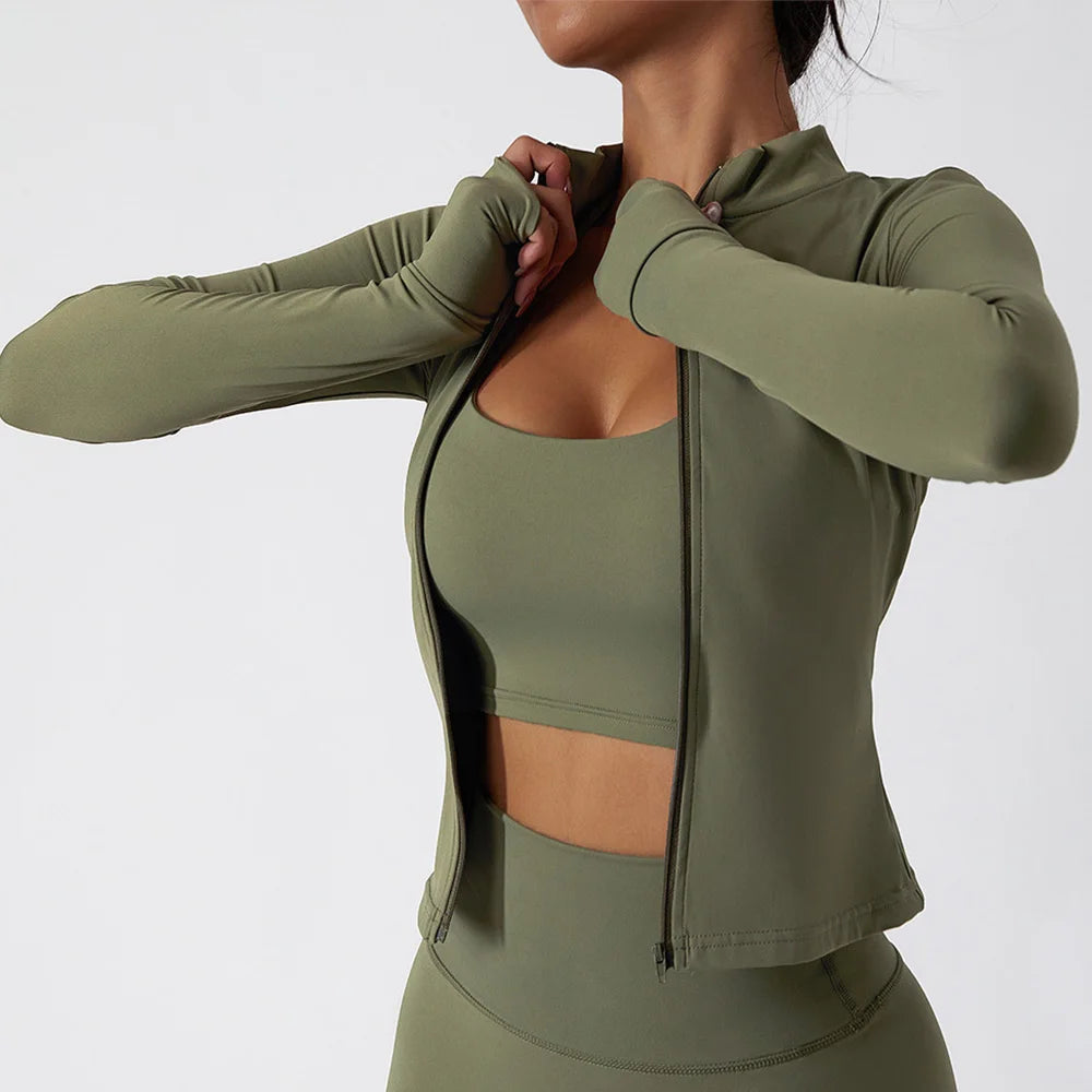 Women Zipper Jacket Yoga T-shirts Solid Sports Top// Long Sleeve Crop Tops Running Shirts Sexy Quick Dry Fitness Gym Sport Wear - GilloServ