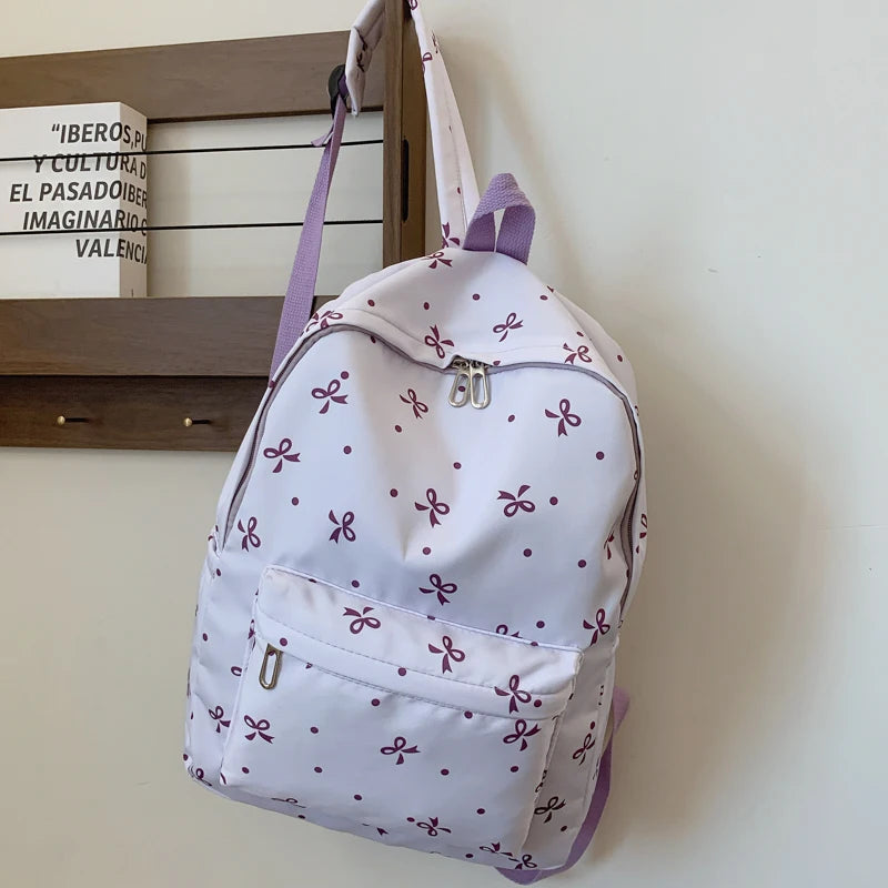 Back To School Backpack Playful Bow Print Bookbag Quilted Comfort and Multi-Pocket Organization System for Women's Campus Life - GilloServ