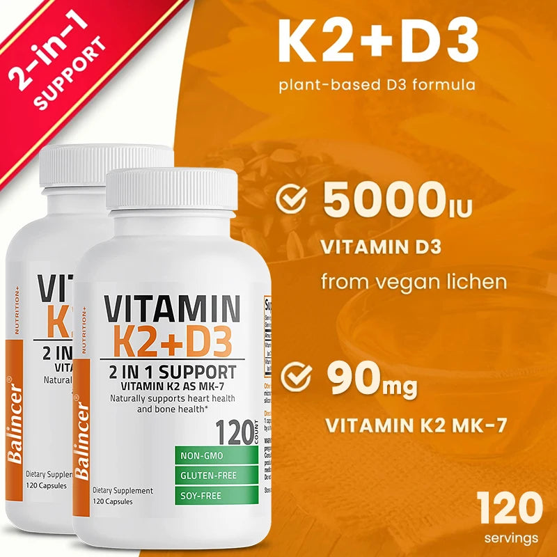 Vitamin D3K2 Capsules 5,000IU - Support Teeth Bone Heart Health Joint Health,Dietary Supplement,Non-GMO - GilloServ