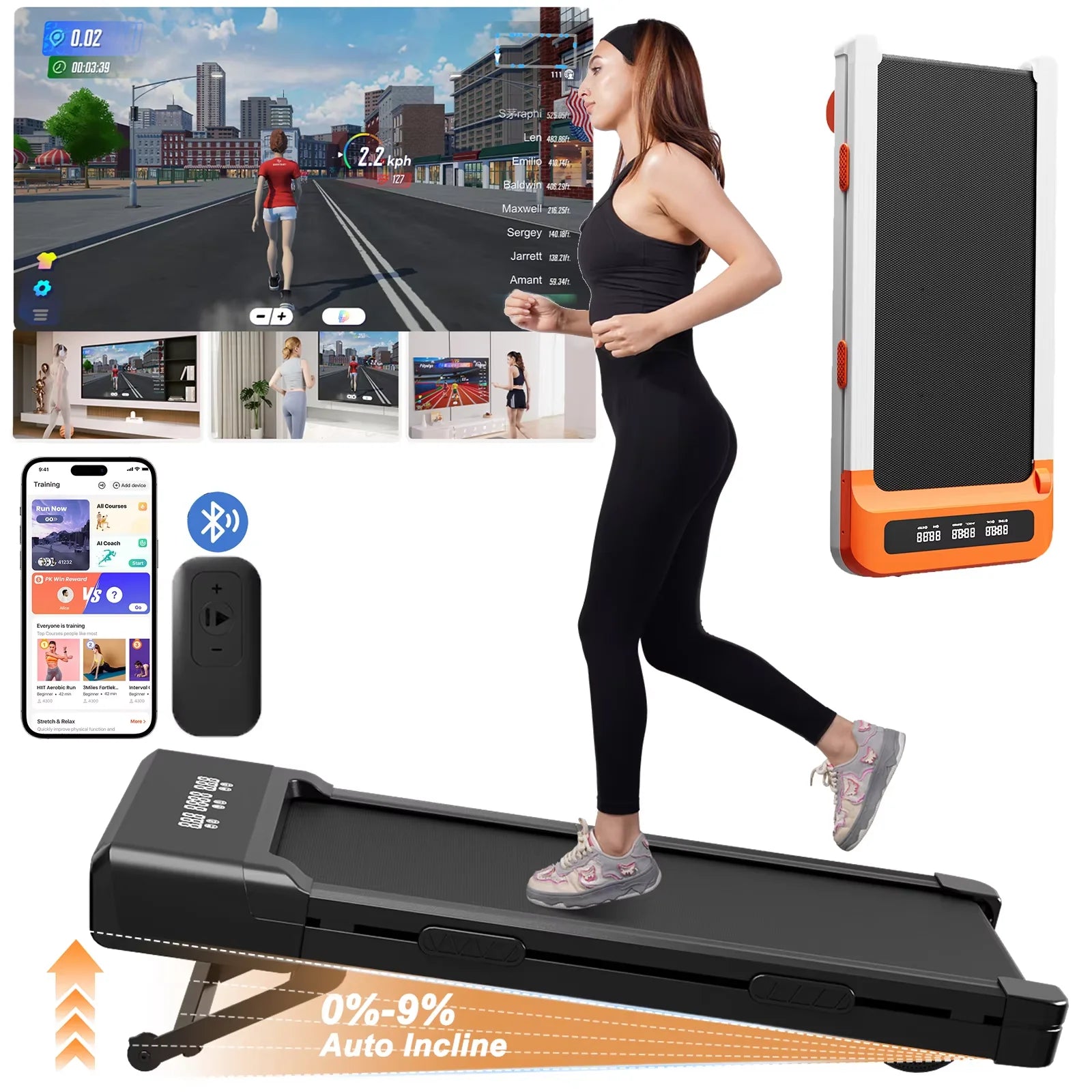 3.0HP Raceable Walking Pad Under Desk Treadmill with 9% Incline Adjustable Speed 1-6KM/H LCD Screen Display 136KG Load For Home - GilloServ