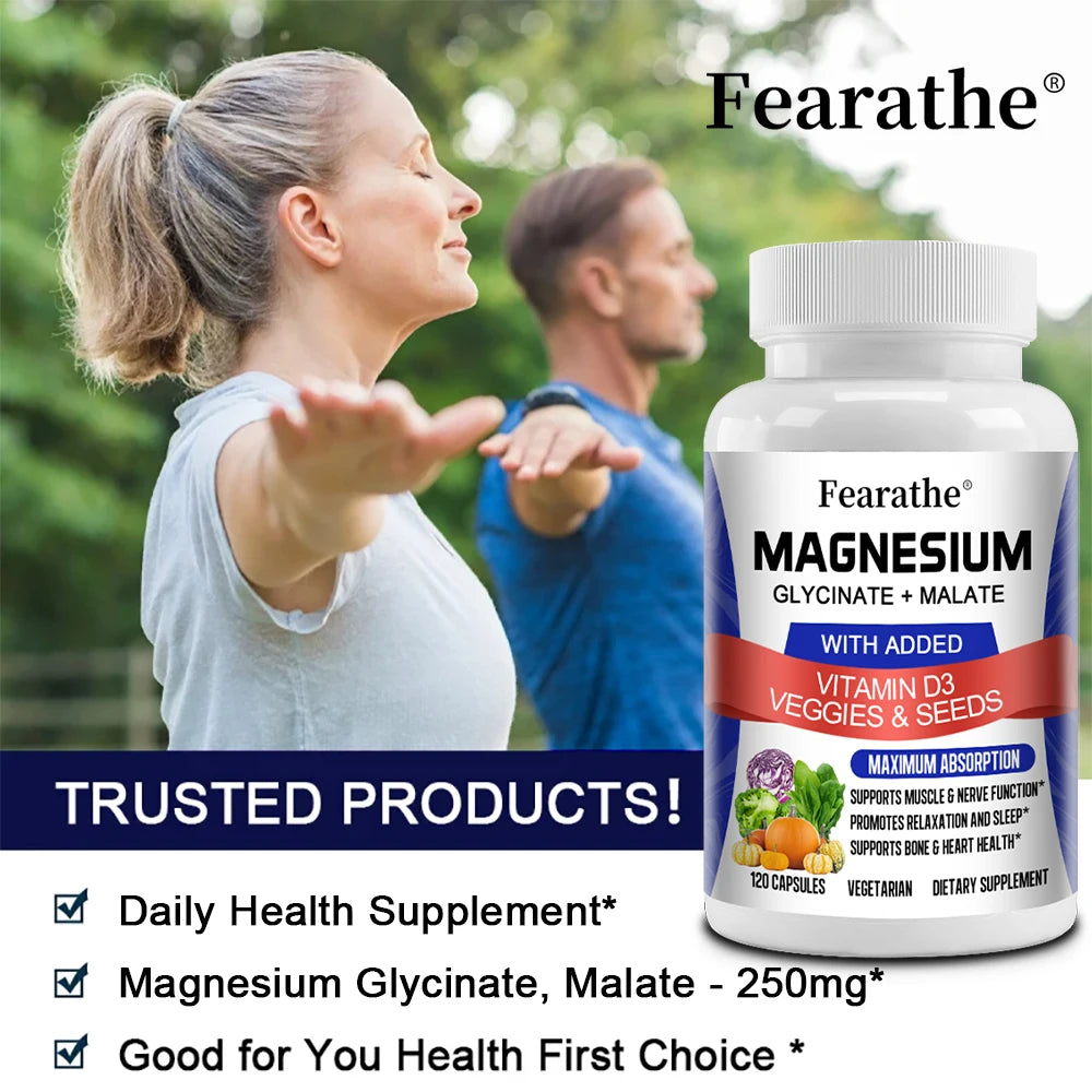 Magnesium Glycinate & Malate Complex, Vitamin D3, Max Absorption - for Bone Heart Sleep Nerve Muscle 120 Veggie Capsules - GilloServ