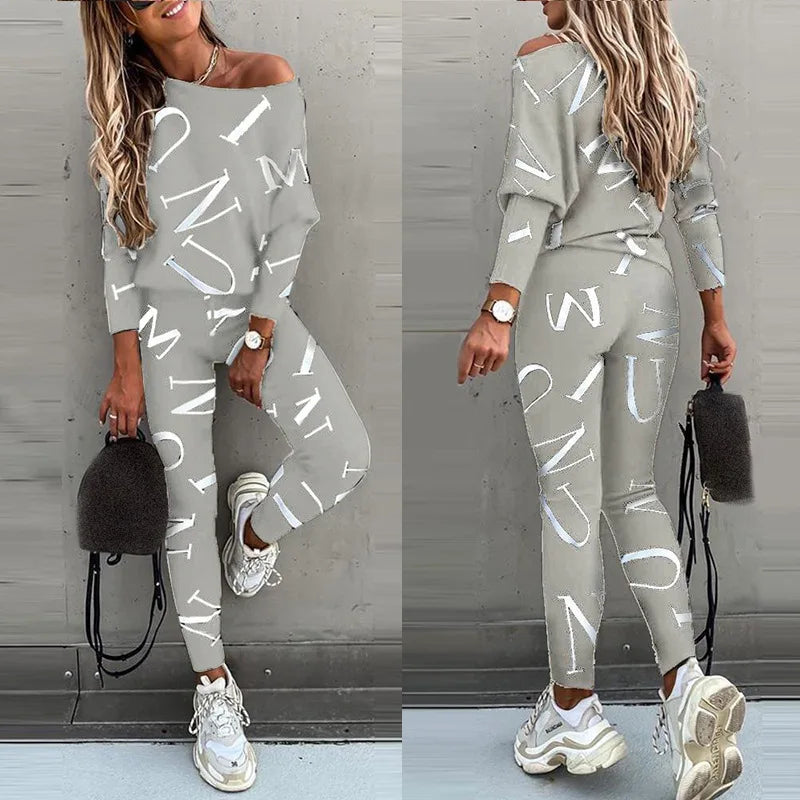 2-piece Set Of Women's Fashion Letter Print Sexy Off-shoulder Leggings Trousers Autumn New Casual Comfortable Sportswear - GilloServ