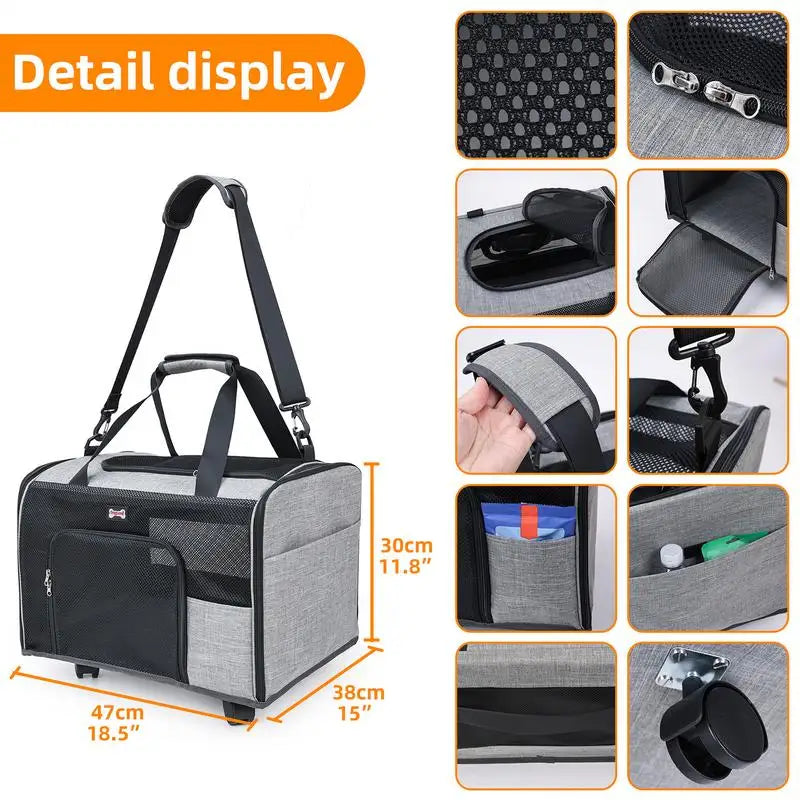 Rolling Pet Carrier Airline Approved Pet Carrier With Wheels Shoulder Bag For Dog/Puppy/ Kitten/ Outdoor Adventure Travel - GilloServ