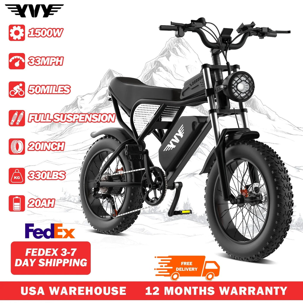 Electric Bike for Adults 1500W 33MPH 48V 20Ah Removable Battery 20" All Terrain for Mountains Sand - GilloServ